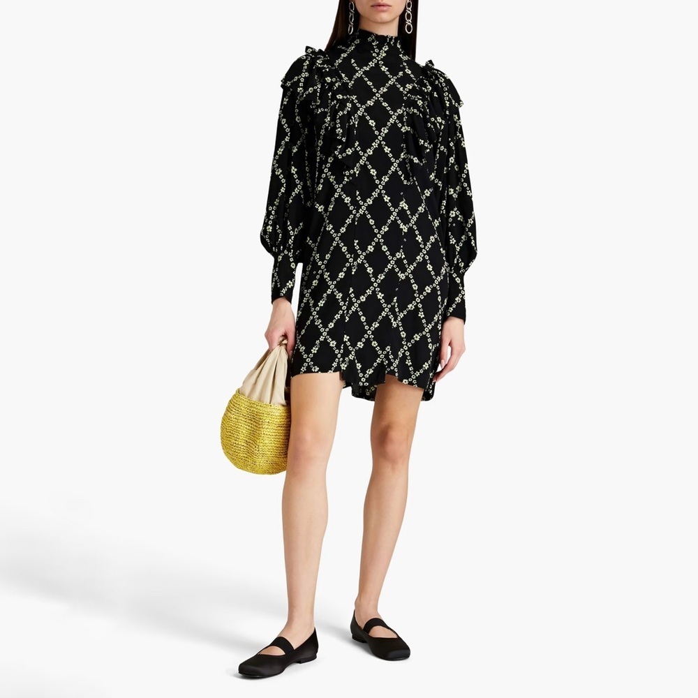 NWT Ganni Margarita Ruffled floral-print crepe turtleneck mini dress